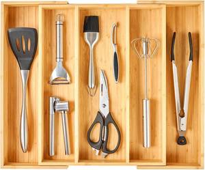lot 131260 image: Umilife Expandable Kitchen Drawer Organizer, 2.5 High Bamboo Utensils Silverware Tray, Adjustable Large Deep Wood Organization Holder