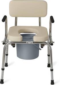 lot 231343 image: Retails for $138 Medline Drop Arm Commode with Padded Seat and Backrest, Durable Toilet Chair for Adults and Seniors, Removable Pail, Splash Guard, Drop Down Arms for Easy Transfer, 350 lb. Weight Capacity, Tan
