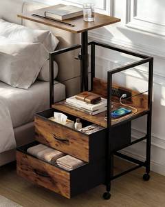 lot 231346 image: Swivel Lift Top Nightstand with Charging Station, Rolling Side Table for Recliner, Bedside Table with Wheels & 2 Fabric Drawers, for Small Spaces, for Bedroom, Living Room, Brown