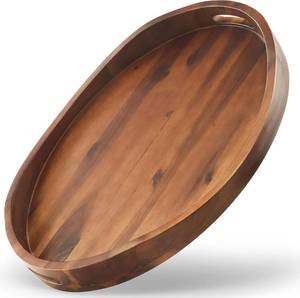 lot 231354 image: Acacia Wood Ottoman Tray with Handles - 20 x 15 Round - Large Oval Serving Trays for Living Room -Wooden Trays Decorative for Kitchen Counter, Coffee Table, Breakfast in Bed (Walnut Color)