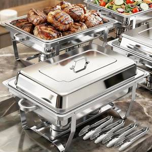 lot 231374 image: Retails for $140 4 Pack Chafing Dishes for Buffet 9QT, Chafing Dish Buffet Set Rectangular with 4 Serving Tongs, Full Size Chafing Pan, Buffet Server Warmer Parties New Year, Chafers and Buffets Warmers Sets
