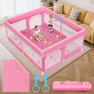lot 231378 image: 79x71 in Baby Playpen with Mat Large Play Pen for Babies and Toddlers - Baby Gate Playpen with Soft Breathable Mesh - All-Wrapped Sponge Sturdy Safety Play Yard with 2 Handles & Bag, Pink