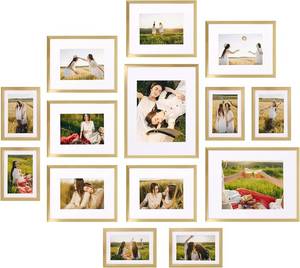 lot 331072 image: Giftgarden 14 Pack Gold Picture Frames with Mat for Various Sizes Photos, Assorted Matted Frame Set Including Two 11x14, Six 8x10, Six 5x7, Gallery Frame Collage for Wall or Tabletop Display
