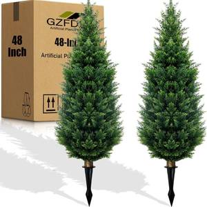 lot 331073 image: 4Ft Artificial Cedar Topiary Trees (2-Pack) - UV Resistant Fake Shrubs with Ground Spike for Outdoor & Indoor Use, Front Porch, Garden Decor