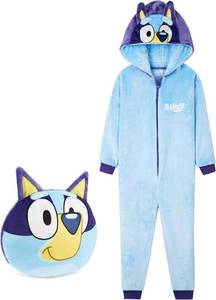 lot 331077 image: Bluey One Piece Pajamas for Kids, Toddlers, Jumpsuit with Hood, Fleece Zip Front Sleepwear, Loungewear, Gifts for Boys, Girls