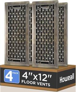 lot 431257 image: 4x12 Inches 4 Pack Heavy Duty Walkable Floor Register - Easy Adjust Air Supply Lever Decorative Floor Vent Covers, Boston Design Vent Covers for Home - Antique Brass