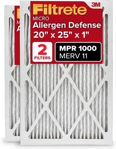 lot 431262 image: Filtrete 20x25x1 AC Furnace Air Filter, MERV 11, MPR 1000, Micro Allergen Defense, 3-Month Pleated 1-Inch Electrostatic Air Cleaning Filter, 2 Pack (Actual Size 19.688 x 24.688 x 0.84 in)