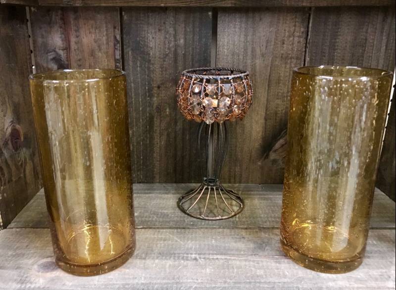 lot 2343 image: Set of 2 yellow glass vases (8 34 height) and beaded yellow candle holder