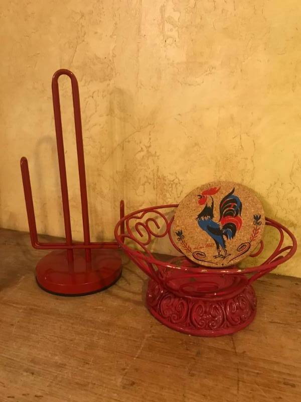 lot 2365 image: Kitchen Red items---paper towel holder, metal basket, etc.