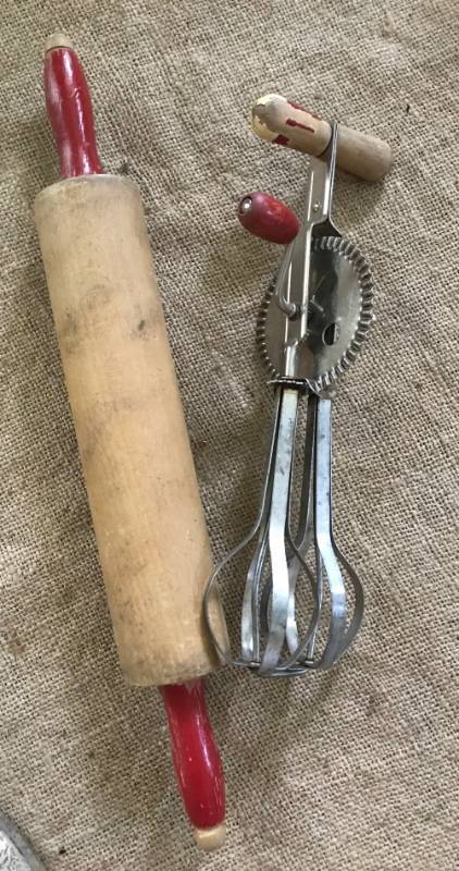 lot 2366 image: Red handled rolling pin and beater