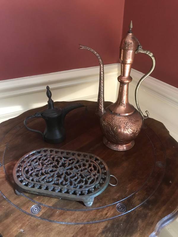 lot 2380 image: Cast Iron Trivet and Brass teapotspitchers