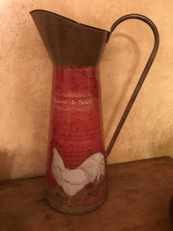 lot 2385 image: Red Rooster Tin Water Pitcher 16 Height