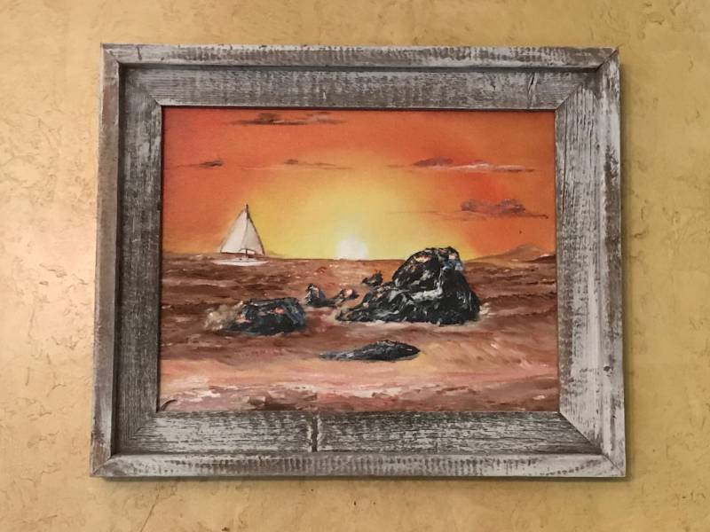 lot 2392 image: Sailing SunsetSunrise painting framed in Barnwood