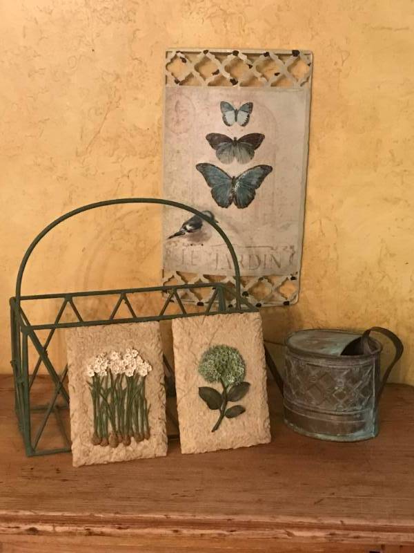 lot 2410 image: Garden Dcor items--green metal basket, metal butterfly wall dcor (8 x 14), ceramic garden tiles, watering can