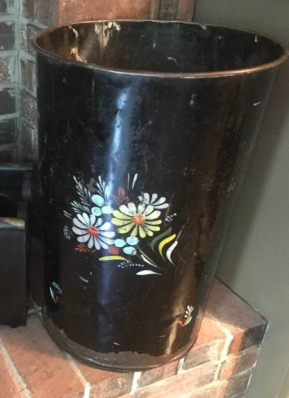 lot 2444 image: Antique Black metal 21 trash can with floral design