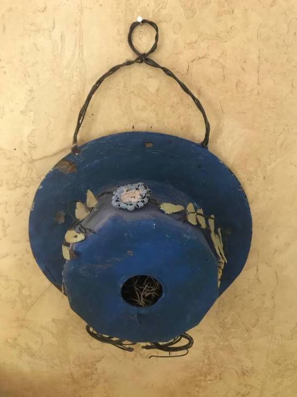 lot 2450 image: Blue Metal Hat Birdhouse