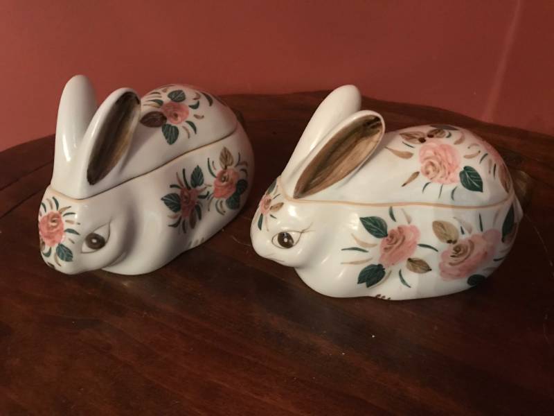 lot 2467 image: Set of 2 ceramic rabbit dishes with lids-decorated with floral pattern