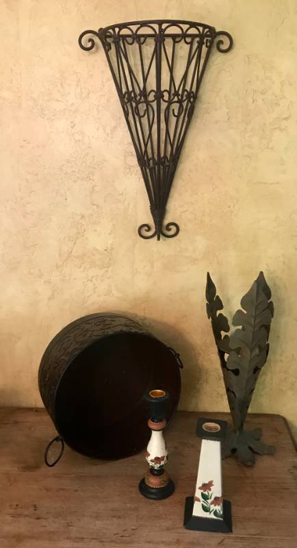 lot 2520 image: Garden Dcor--Metal Wall Sconce, candle holders, metal planterbucket and tin leaf vase