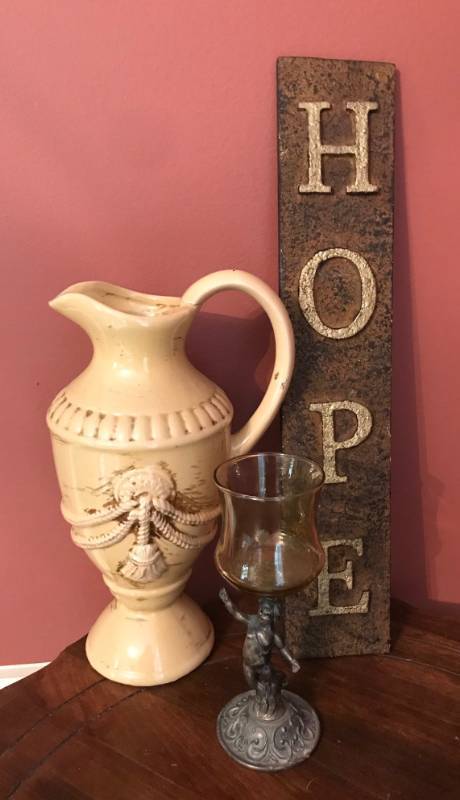 lot 2531 image: HOPE along with a yellow distressed pitcher and glass angel candle holder