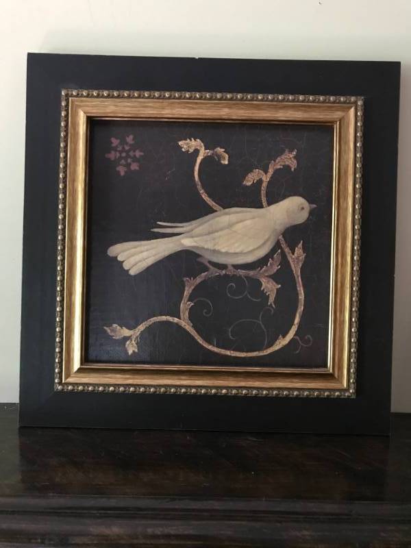 lot 2534 image: Framed Wall Art of Black and Gold Bird on a Vine