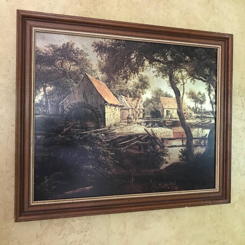 lot 2541 image: Vintage Framed Foil Print of Watermill Scene