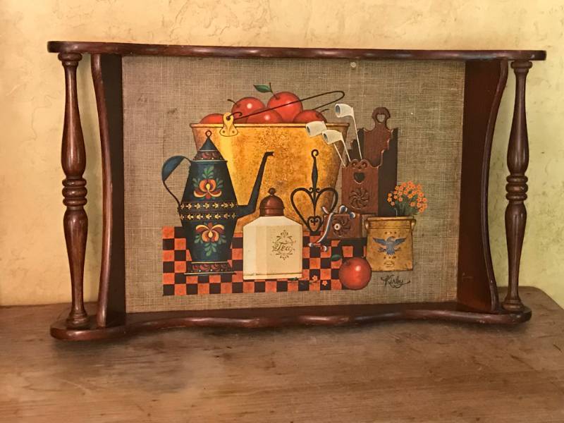 lot 2584 image: Antique wood tray with carved handles and country kitchen scene