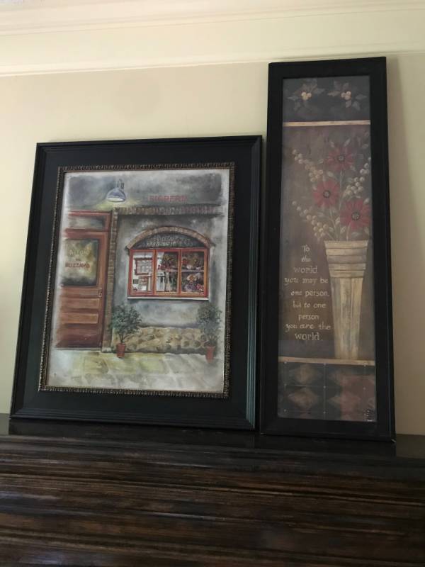 lot 2620 image: Set of Black Framed Wall Dcor--Caf and You are the World