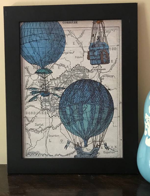 lot 2621 image: Black Framed Map with Hot Air Balloons