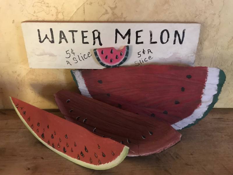 lot 2642 image: Wood Sign and Wood painted Watermelons