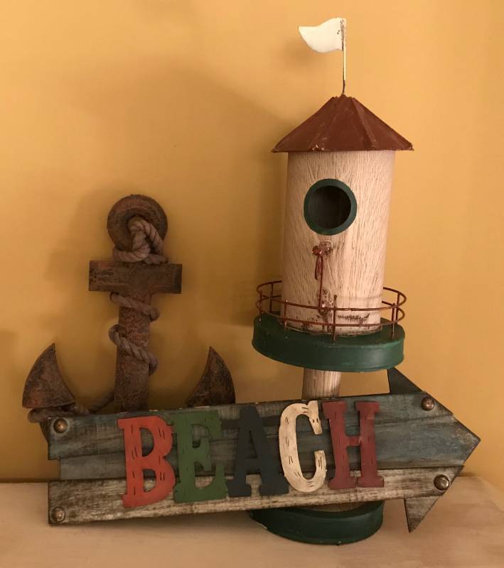 lot 2654 image: This way to the Beach--wood beach dcor items (light house, sign, and anchor)