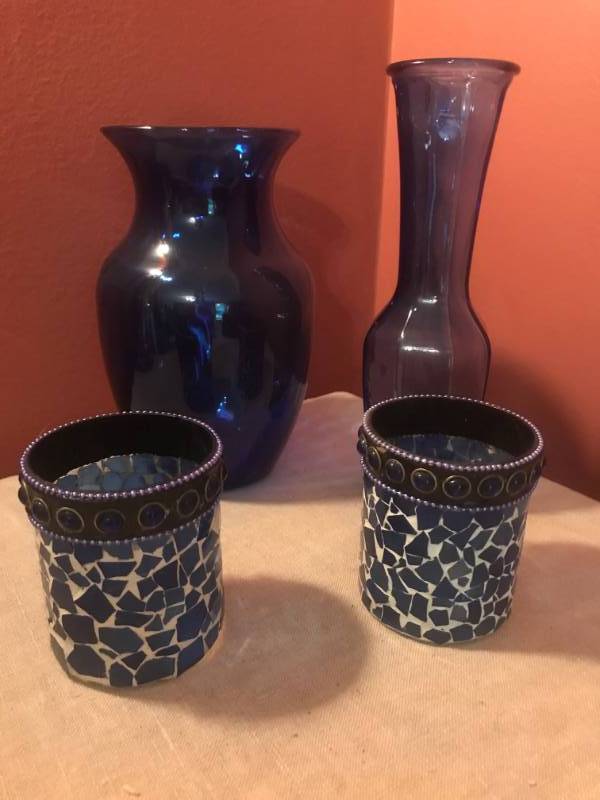 lot 2657 image: Set of Blue Glass Vases and mosaic candle holders
