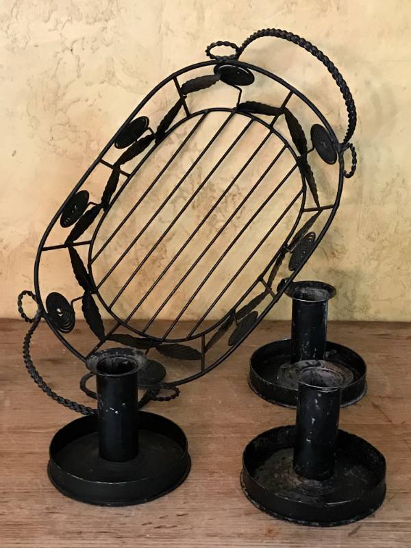 lot 2667 image: Set of Black metal candle holders and basket