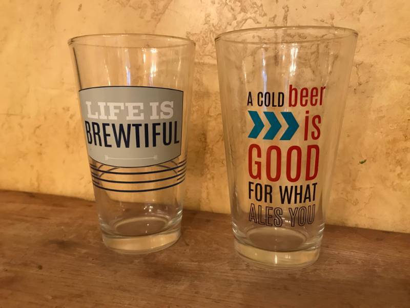 lot 2684 image: Fun Beer Glasses--Life is Brewtiful & A Cold Beer is good for what Ales you