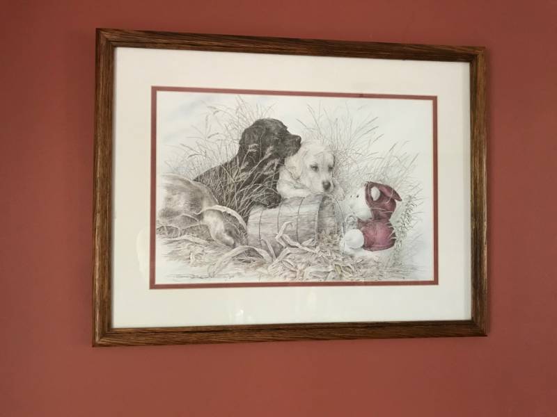 lot 2694 image: Framed wall dcor with glass--Labrador puppies playing in field