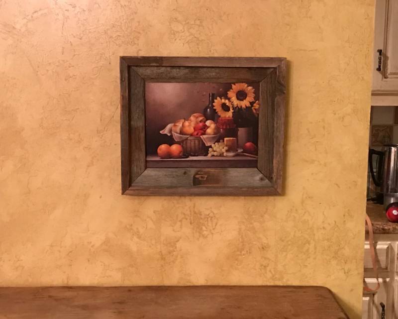lot 2697 image: Barnwood framed canvas sunflower scene