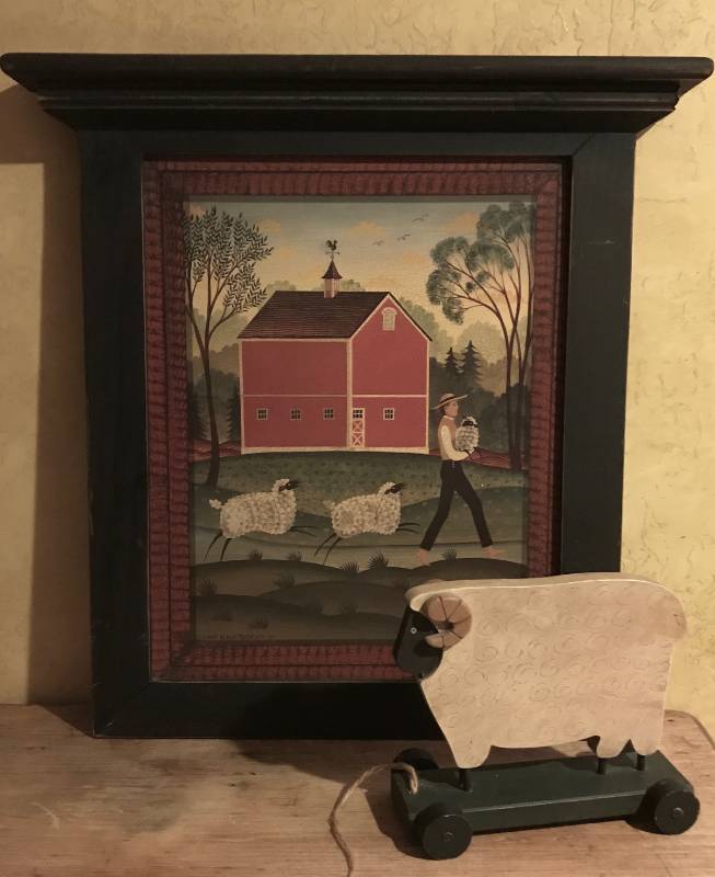 lot 2701 image: Painting on Wood--Farm with Sheep and Red Barn and Country Sheep on wheels