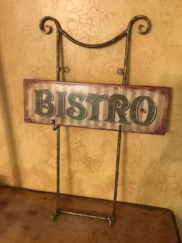 lot 2716 image: Metal Plate rack and Bistro Tin sign
