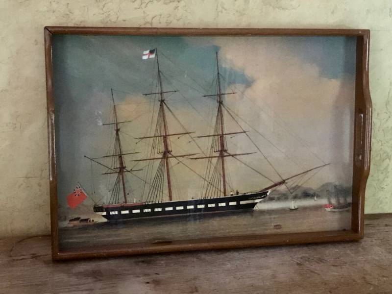 lot 2726 image: Wood Serving Tray with Harbor Ship Scene