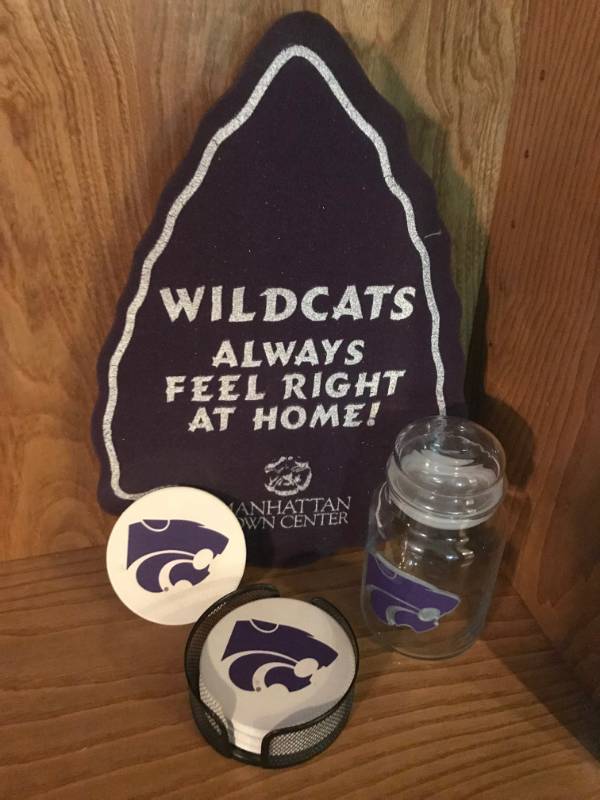 lot 2756 image: Kansas State Wildcat items (glass jar, coasters, etc.)