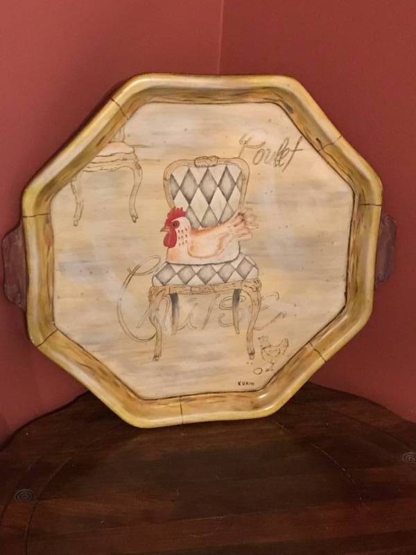 lot 2781 image: Antiqued Wood Tray with Hen sitting on Victorian Chair