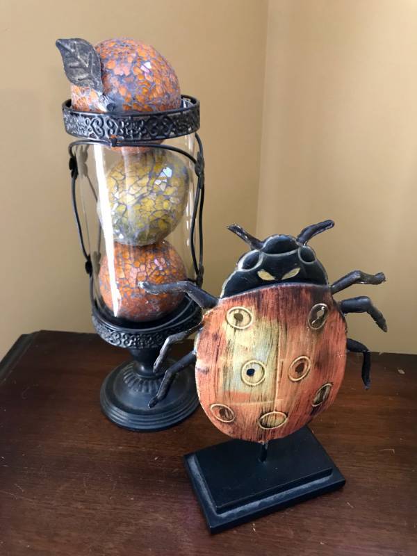 lot 2784 image: Vase with mosaic fruit and tin lady bug
