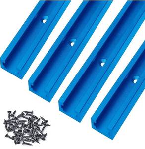 lot 4030 image: Aluminum 48 Inch T-track with Wood Screws Double Cut Profile Universal with Predrilled Mounting Holes -Woodworking and Clamps Frosted Surface Anodized - 4 PK (Blue)