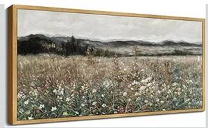 lot 4033 image: KUVIOKE Vintage Landscape Framed Wall Art 20x40in Large Meadow Sea of Flower Field Wall Prints Classic Retro Farmhouse Rustic Decorations for Living Room Bedroom (Natural Framed)