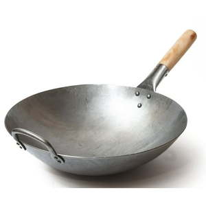 lot 4039 image: Craft Wok Traditional Hand Hammered Carbon Steel Pow Wok with Wooden and Steel Helper Handle (14 Inch  Round Bottom)  731W88
