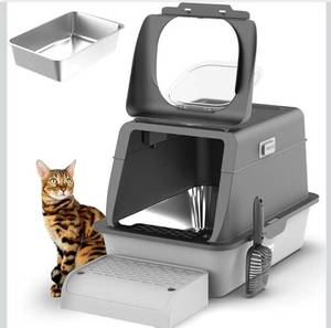 lot 4042 image: XX-Large Stainless Steel Cat Litter Box with Lid 24x16.1x15.2 Large Enclosed Litter Box for Big Cats, Odor Control with Magnetic Door, Easy Clean, Multi-Cat Metal Pan.(Grey)