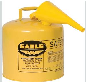 lot 4048 image: Eagle 5 Gallon Type I Yellow Safety Gas Can for Diesel with Flame Arrester, Self-Closing Lid, and F-15 Funnel, Made in the USA, Galvanized Steel Flammable Storage Can, UI50FSY