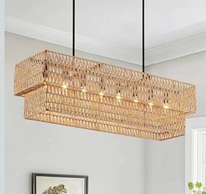 40" Hand Woven Rattan 8-Light Chandeliers for Dining Room, 2 Layer Boho Linear Chandelier Rectangle Rustic Pendant Light Fixture for Kitchen Island Bar Living Room - Retail $220