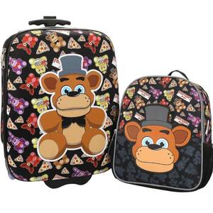 lot 4072 image: Bioworld Five Nights At Freddys Freddy Fazbear Character Print 2-Piece Youth EVA Wheeled Luggage & Travel Backpack Set