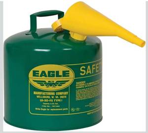 lot 4080 image: Eagle 5 Gallon Type I Green Safety Gas Can for Oil and Other Combustibles with Flame Arrester, Self-Closing Lid, and F-15 Funnel, Made in the USA, Galvanized Steel Flammable Storage Can, UI50FSG