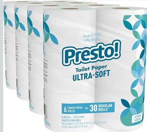 lot 4084 image: Amazon Brand - Presto 2-Ply Ultra-Soft Toilet Paper, Septic-Safe, 24 Family Mega Rolls  120 Regular Rolls, 308 Sheets, Unscented, Pack of 4